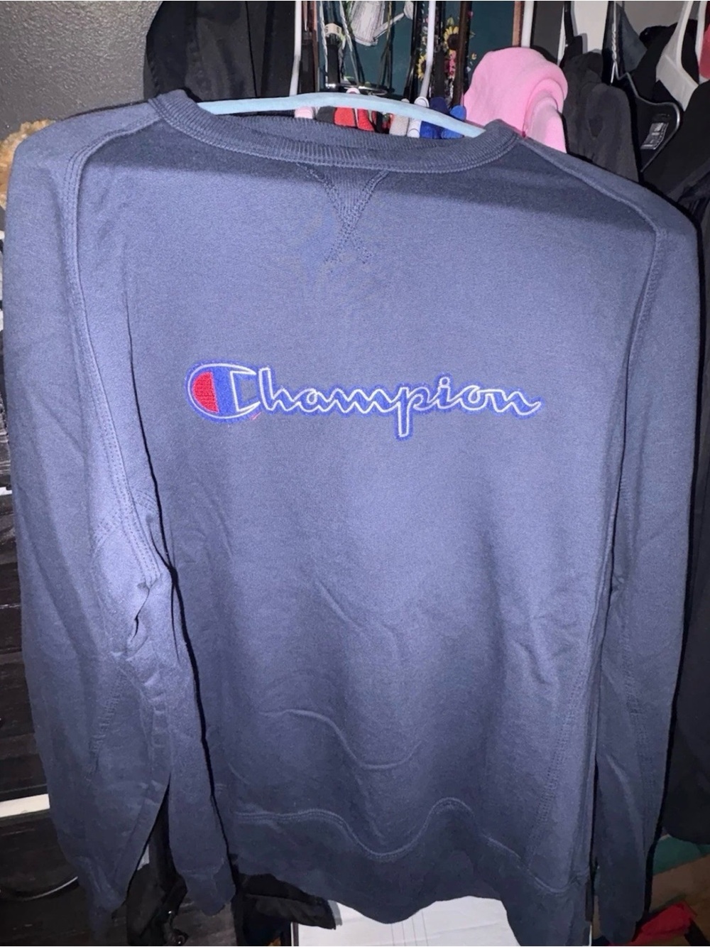 Champion Men’s Navy Blue Crewneck Sweatshirt with Script Logo